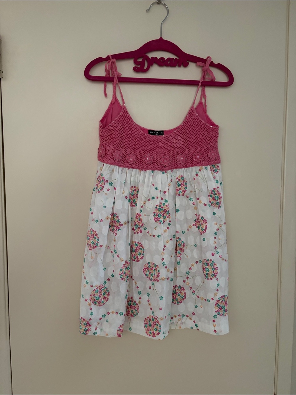 FANG Pink Crochet Top White Floral Cotton Dress! Sequin detail! NWT! M/10